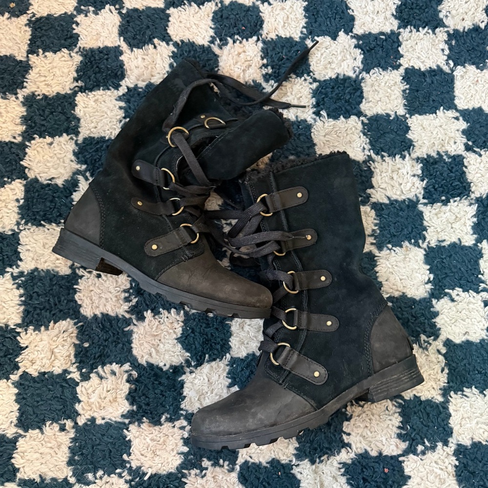 Sorel Emelie Women's Black Waterproof Leather Fur-Lined Lace Up Boots Size 9
